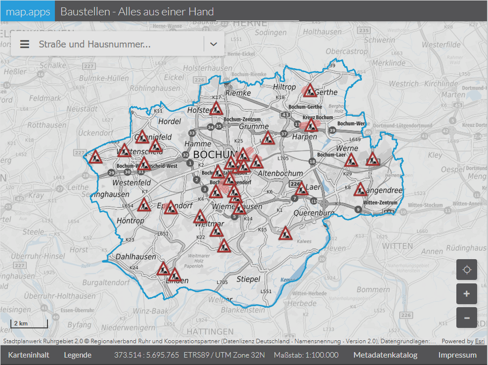 Karte der Stadt Bochum mit Baustellen-Icons